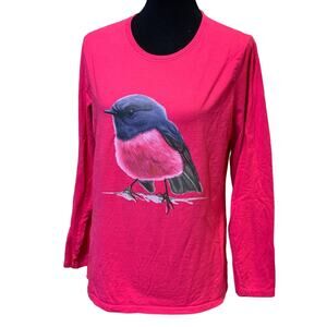 Upcycled Hand Printed Womens XL Pink Robin Ukraine Fundraiser Long Sleeve Tee
